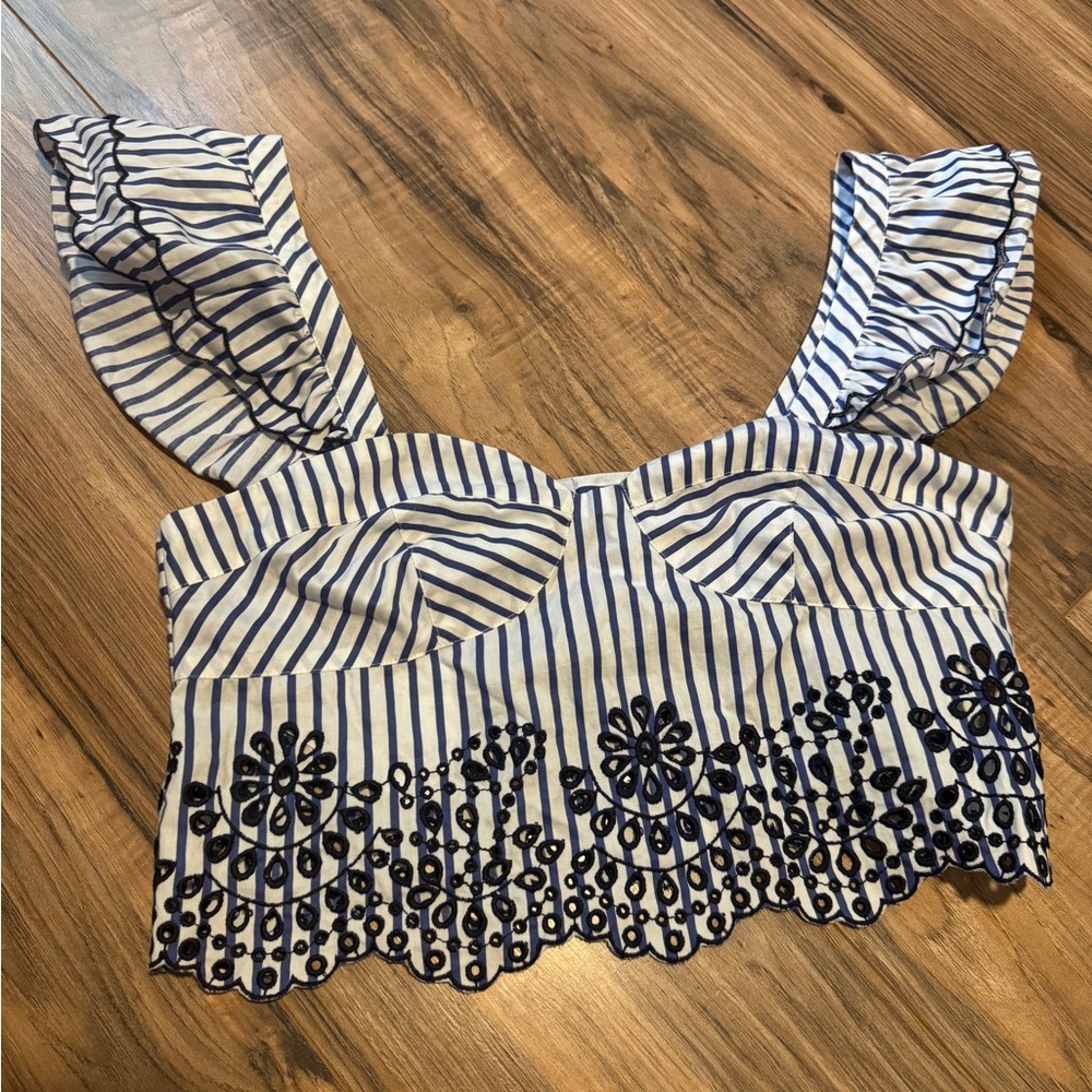 Striped Blue and White Embroidered Women's Top